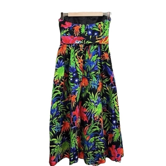 Vtg AJ Bari Tropical Leaf Belted Strapless Cocktail Dress Black Green Size 8 - Picture 2 of 8